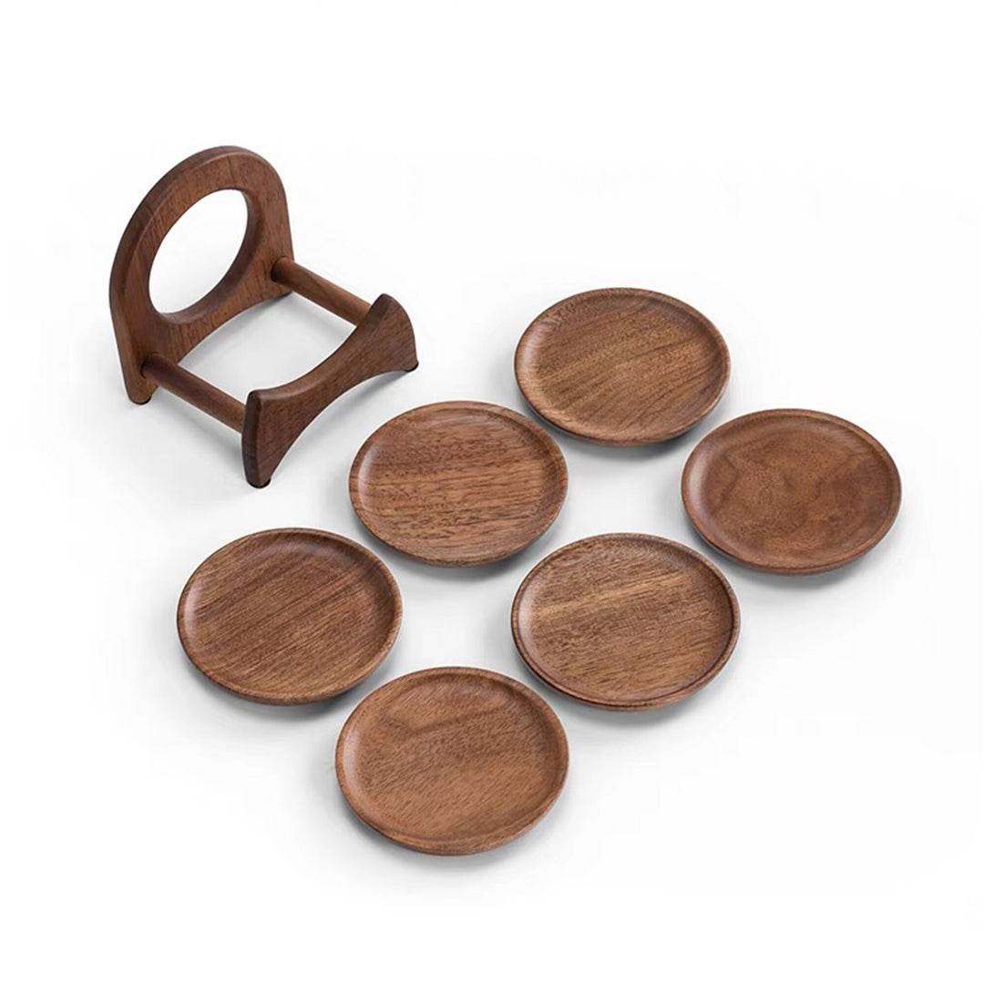 Zen style Walnut wood saucer set of 6 with holder - Teaware Space