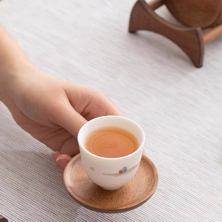 Zen style Walnut wood saucer set of 6 with holder - Teaware Space
