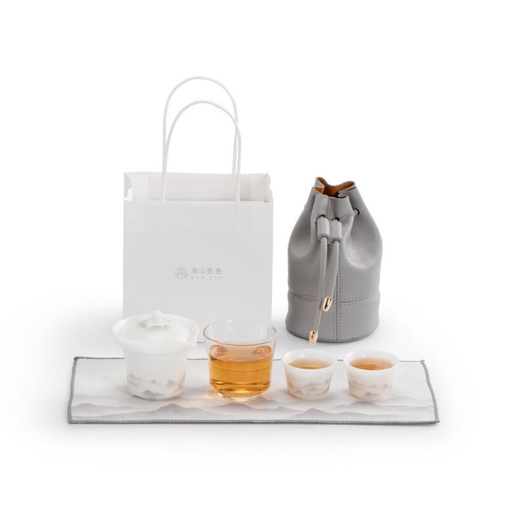 Ice jade porcelain travel tea set for two | gaiwan tea set with case | Kungfu tea maker - Teaware Space