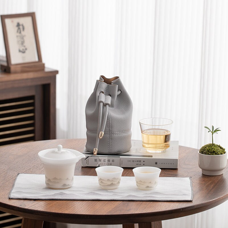 Ice jade porcelain travel tea set for two | gaiwan tea set with case | Kungfu tea maker - Teaware Space
