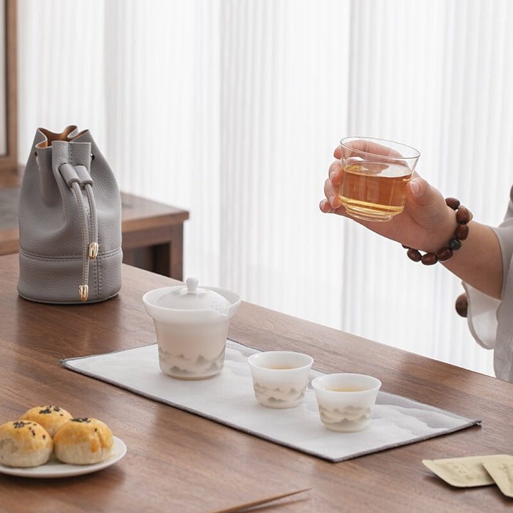 Ice jade porcelain travel tea set for two | gaiwan tea set with case | Kungfu tea maker - Teaware Space