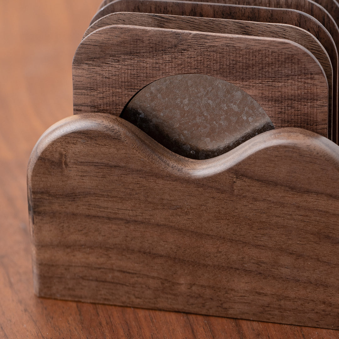 Round the Moon - Titanium wood coaster set of 6 with holder