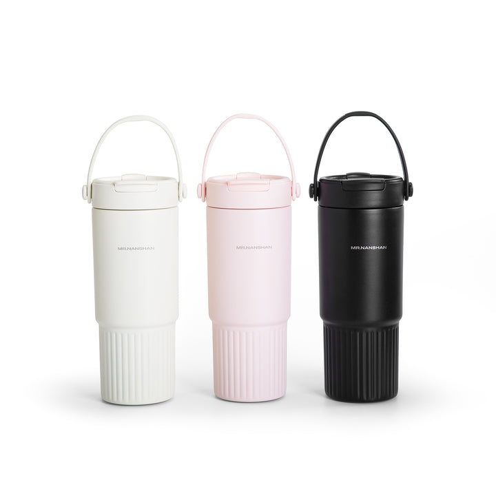 Three insulated travel mugs in white, pink, and black on a white background