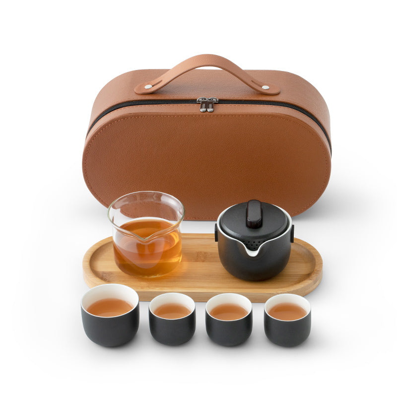 Multi color - personalized black travel tea set with tray and orange case | Wedding gift ideas - Teaware Space