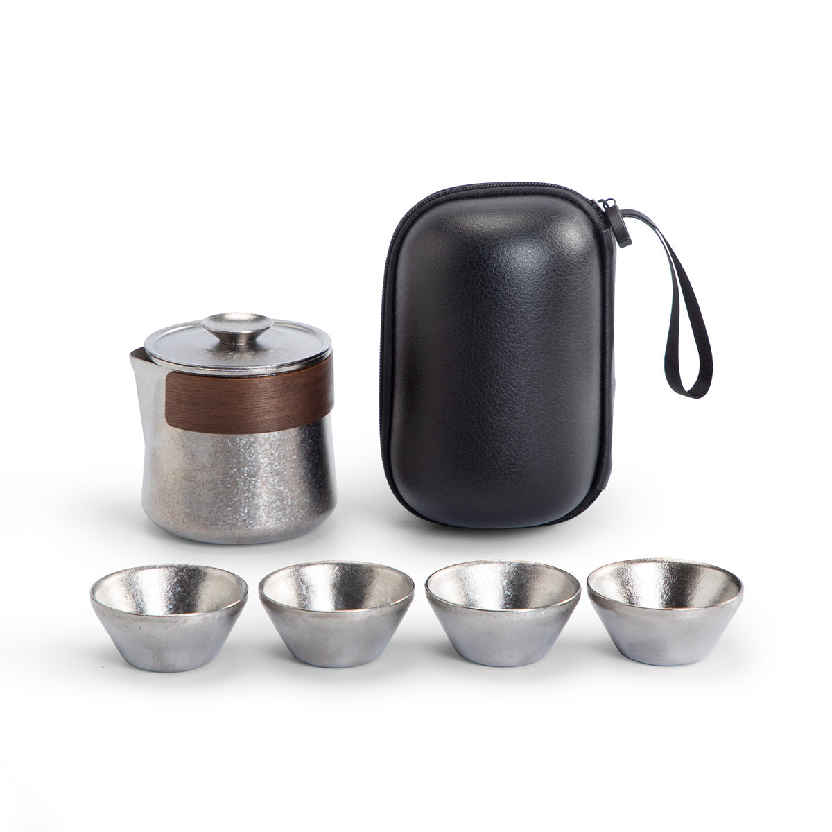 Titanium Tea set with teapot and cups, and a black carrying case | luxury tea gift set 
