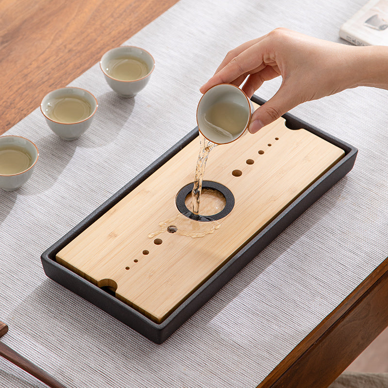 Custom Bamboo and ceramic tea tray drain