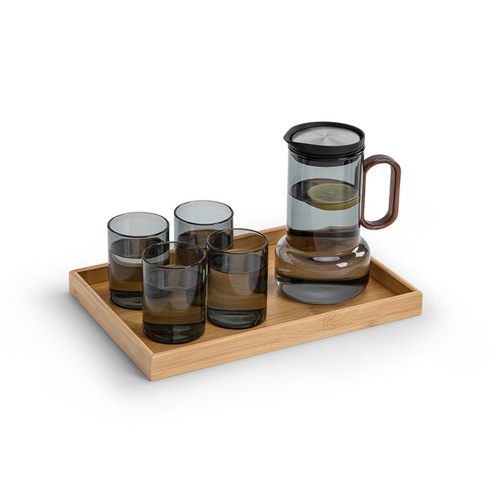 Service à thé en verre minimal avec plateau | 1 théière avec infuseur et 4 tasses | Décoration de bar à domicile | Cadeau de pendaison de crémaillère