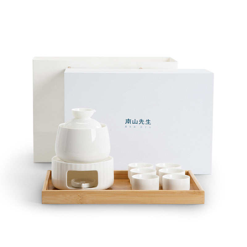 Personalized White Sake set with warmer and candle stove | Anniversary/wedding gift