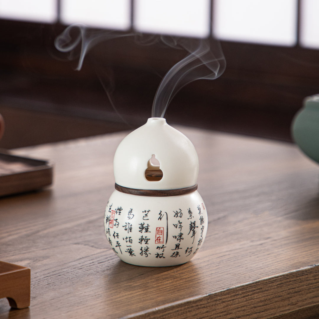 luxury white ceramic incense burner with lid and chinese poem 