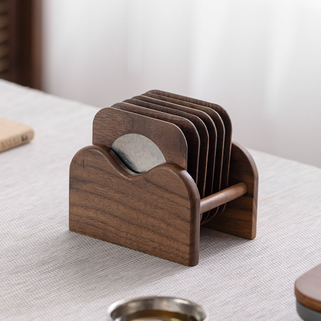 Round the Moon - Titanium wood coaster set of 6 with holder