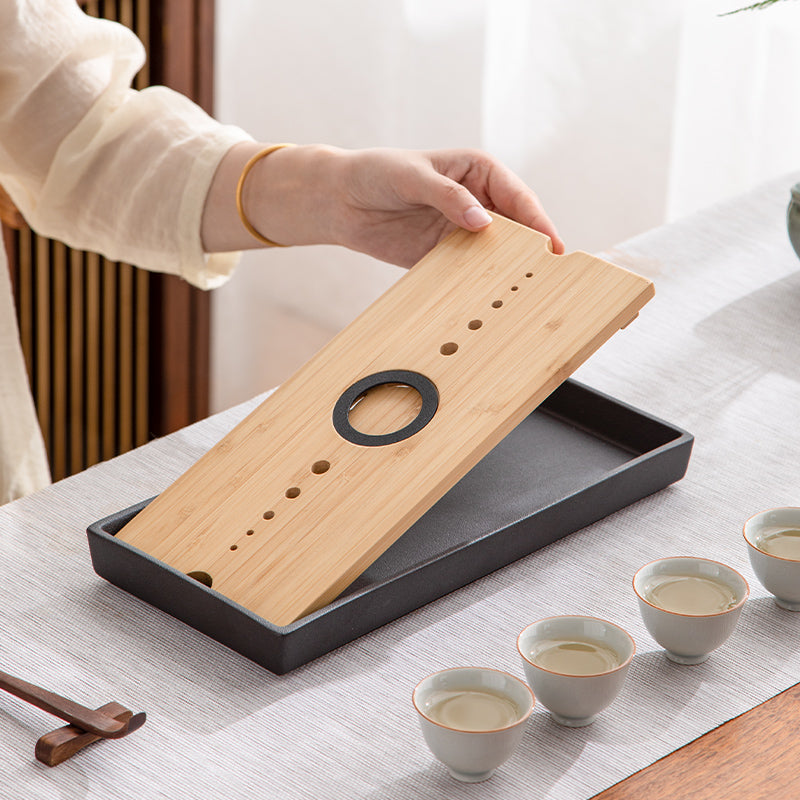 Custom Bamboo and ceramic tea tray drain