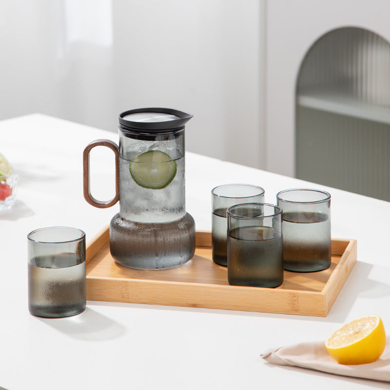 Service à thé en verre minimal avec plateau | 1 théière avec infuseur et 4 tasses | Décoration de bar à domicile | Cadeau de pendaison de crémaillère