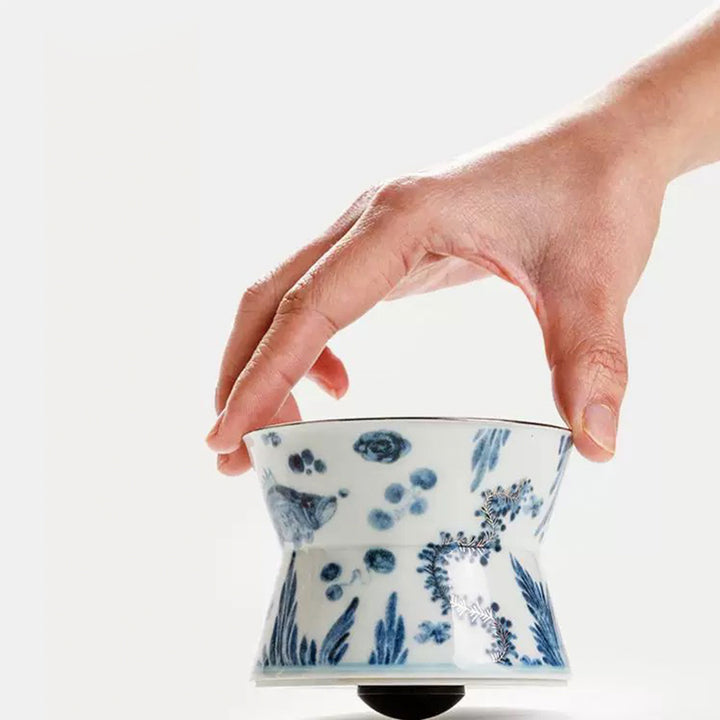 Luxury Blue and white pottery Whiskey rock mug with 925 silver outlining | Rotating/spanning Whiskey cup | Gift for him
