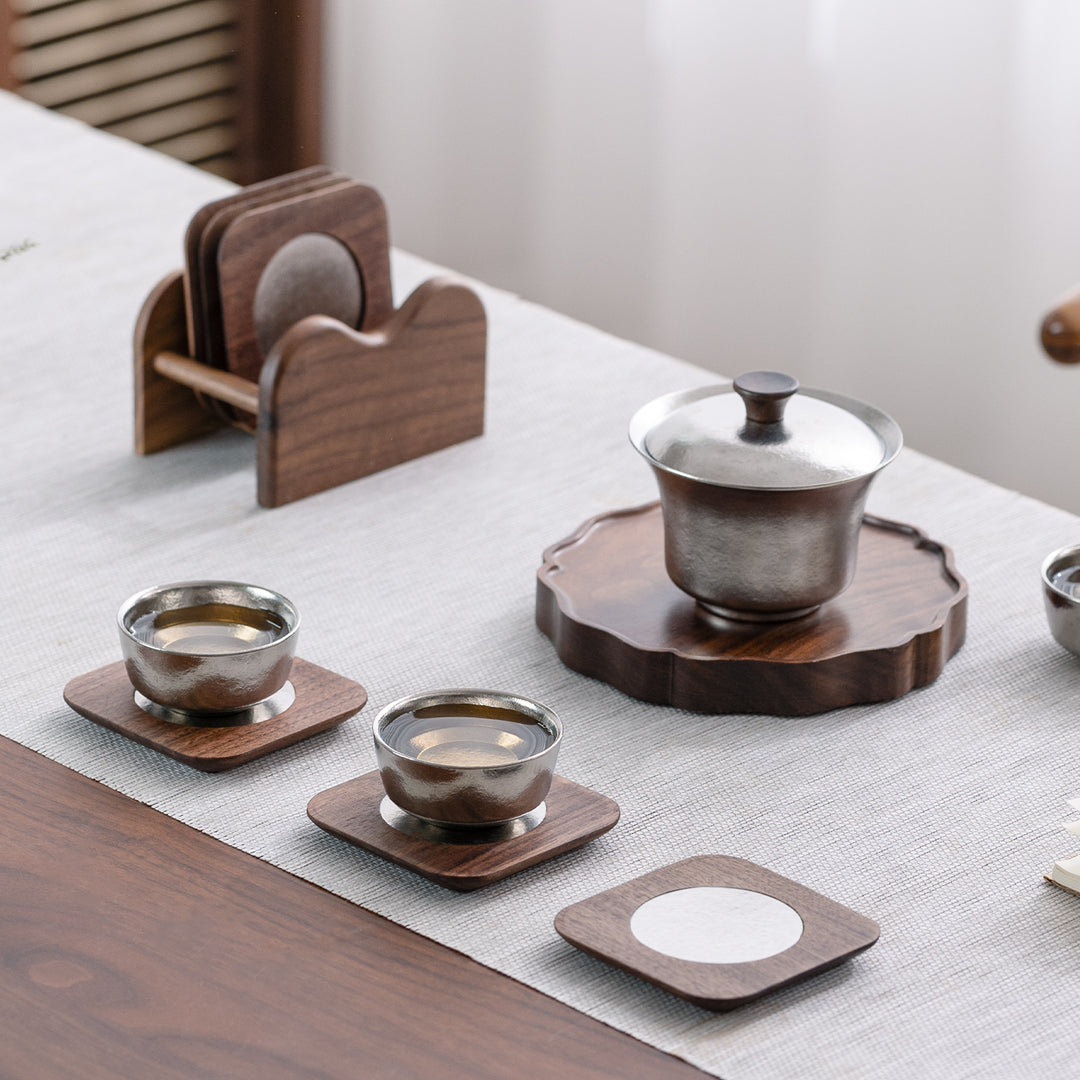 Round the Moon - Titanium wood coaster set of 6 with holder