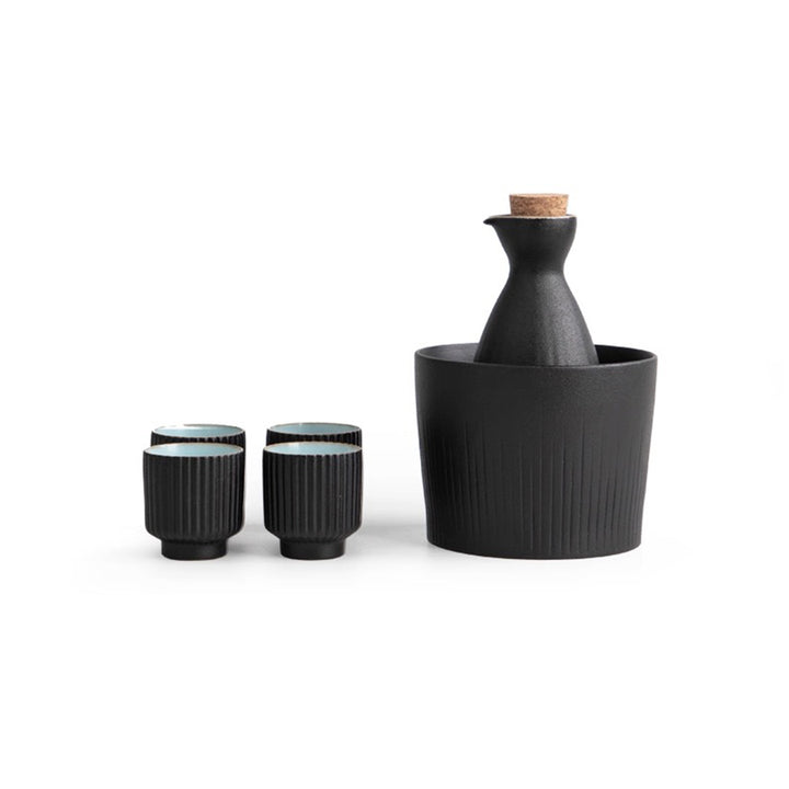 6 pcs black sake set - 1 sake bottle, 4 cups with 1 warmer