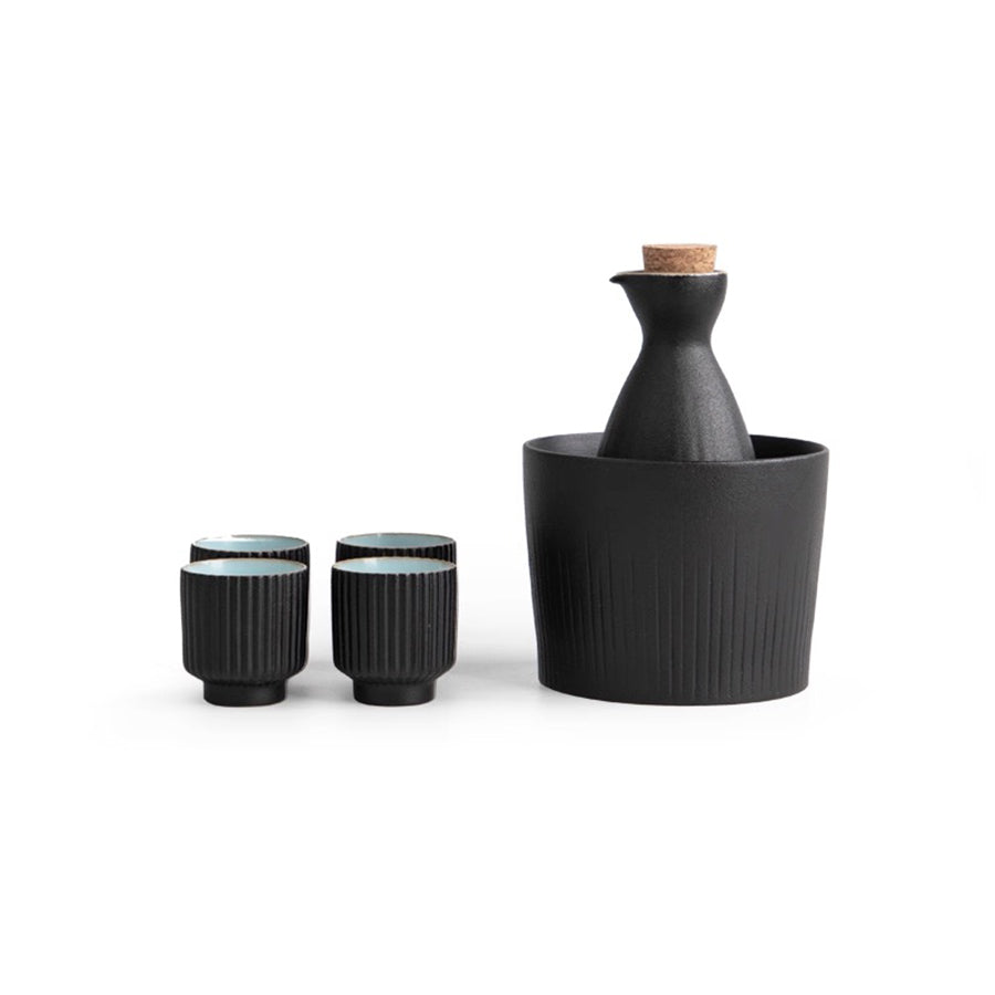 6 pcs black sake set - 1 sake bottle, 4 cups with 1 warmer