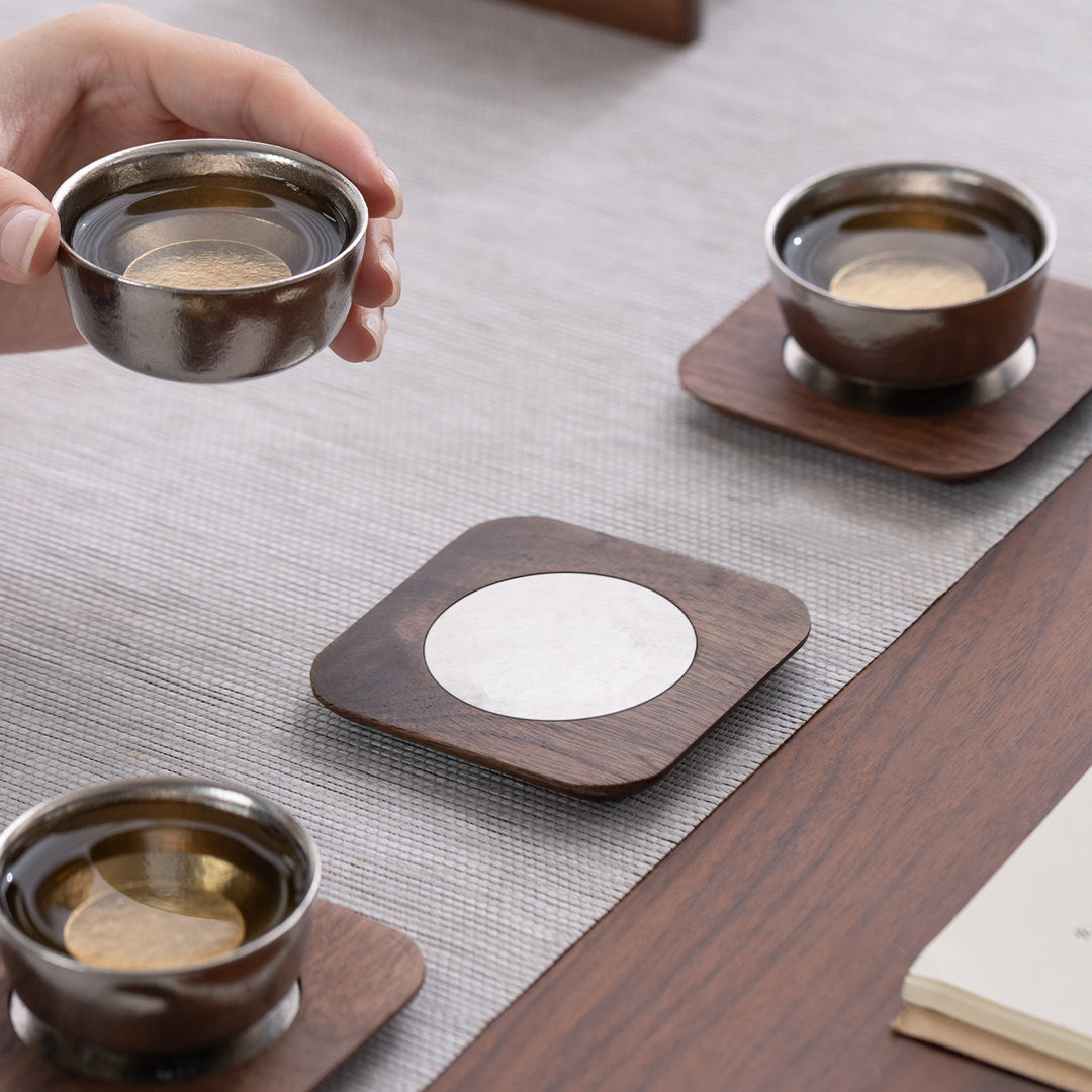 Round the Moon - Titanium wood coaster set of 6 with holder
