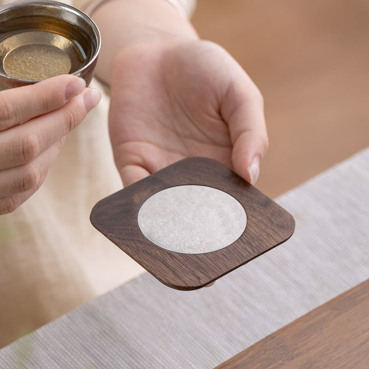 Round the Moon - Titanium wood coaster set of 6 with holder