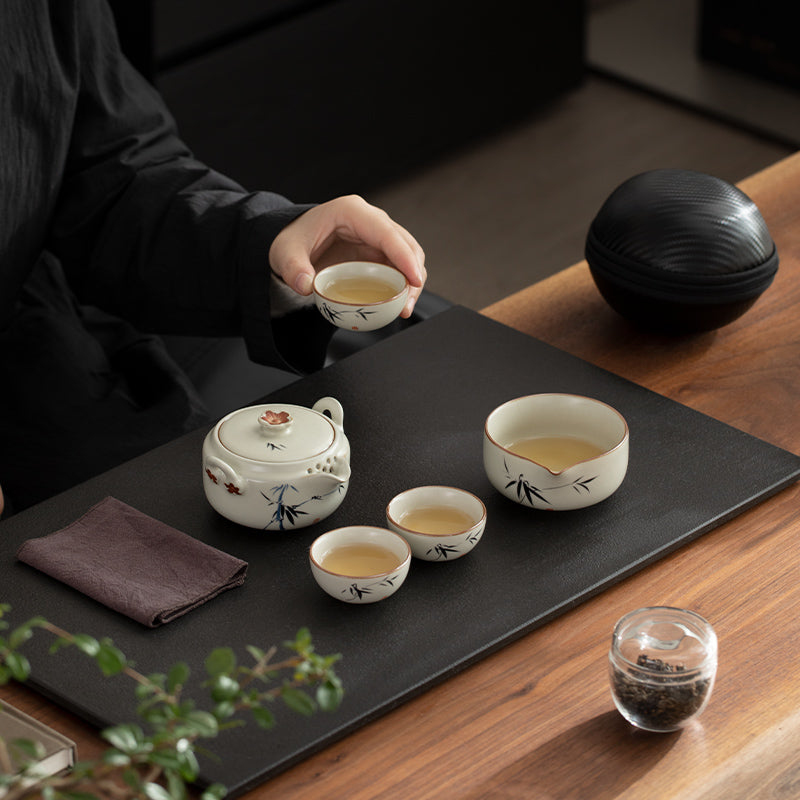 Zen portable  tea set with travel case -  Chinese Ruyao teapot and cup set - Personalized gift - Teaware Space
