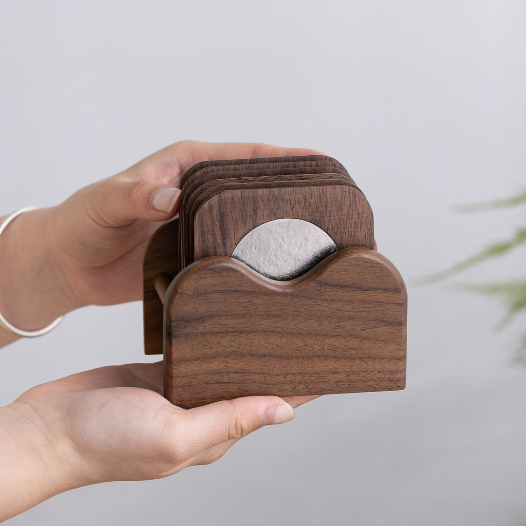 Round the Moon - Titanium wood coaster set of 6 with holder