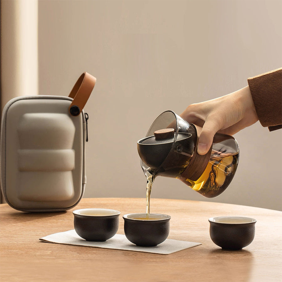 Glass rotate  black travel tea set with case - tea gift for man- Teaware Space