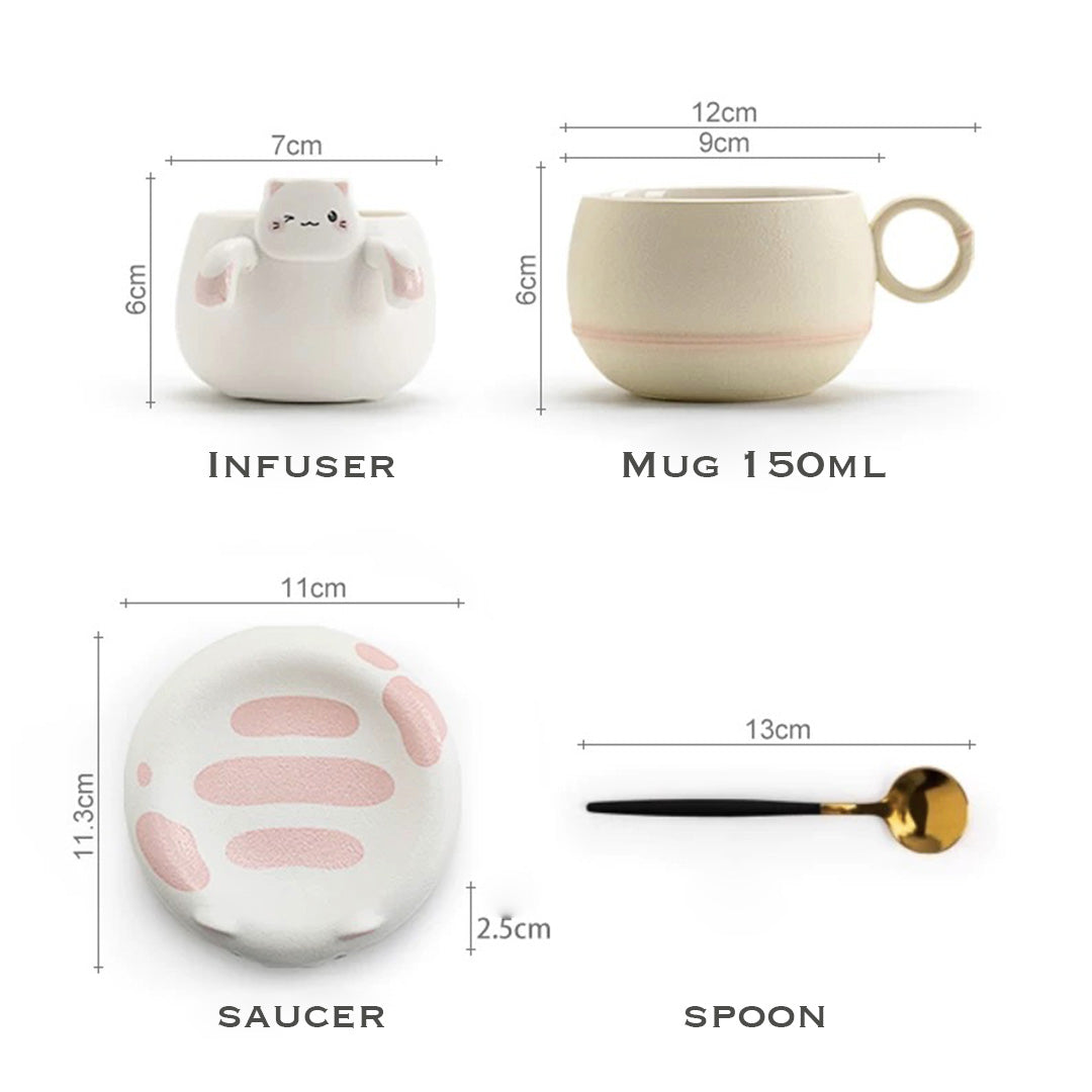 Unique cat mug with infuser and saucer | Cat lover gift