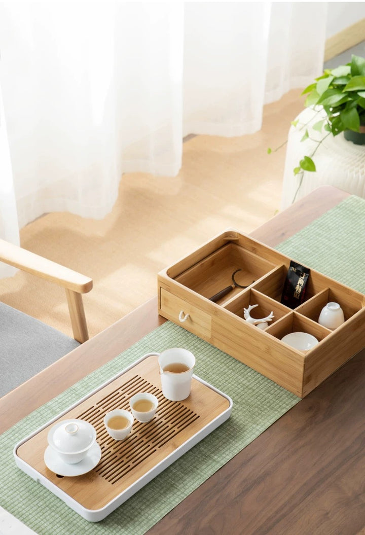 Multi-function Bamboo Tea tray with drawer storage | Housewarming gift ideas