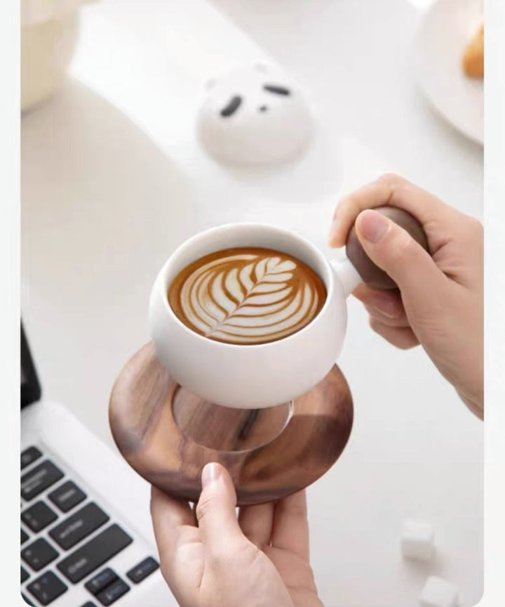 ceramic latte mug with wooden saucer - gift for panda lovers