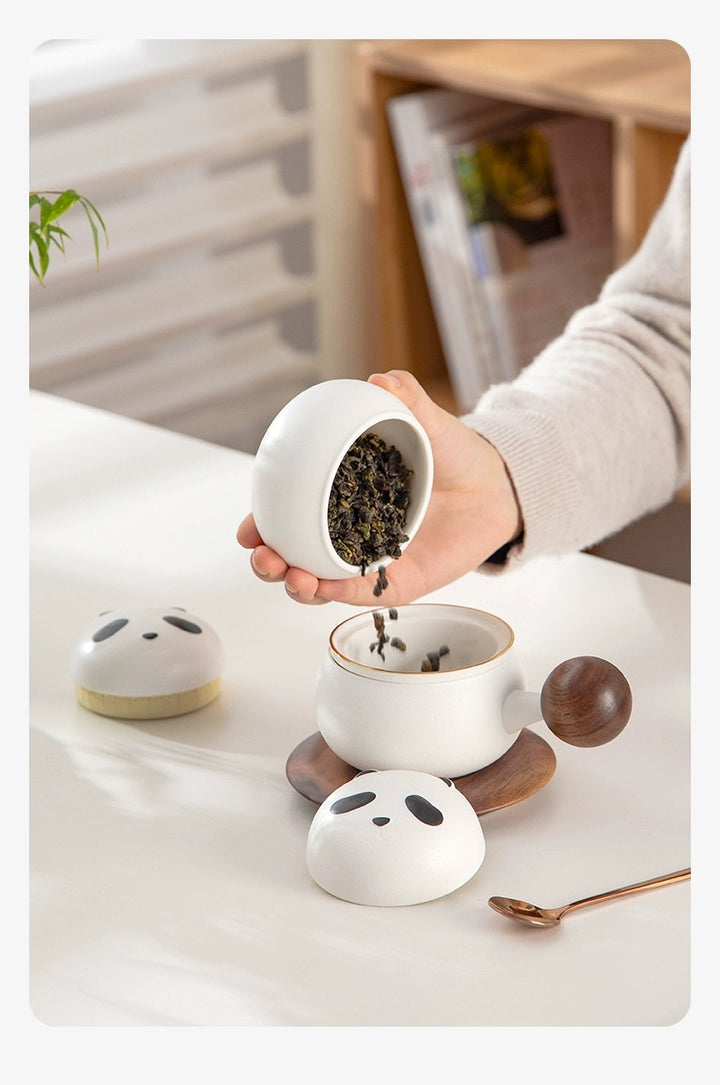 ceramic tea mug with infuser and lid, saucer panda tea cup