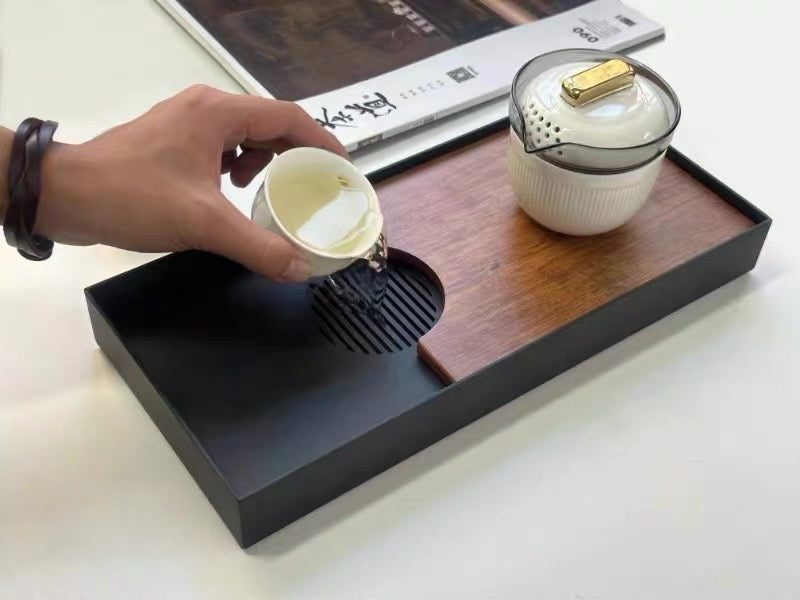 Spot and Line- Custom bamboo and stainless tea serving tray with water storage - Teaware Space