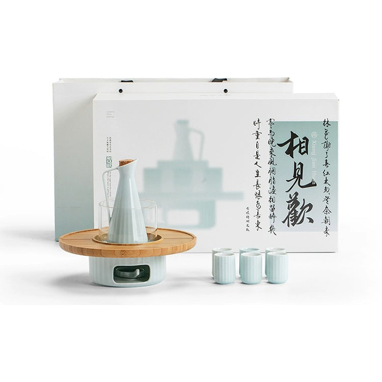 Minimal Unique Sake set | 1 pitcher, 1 candle stove, 6 cups, 1 tray