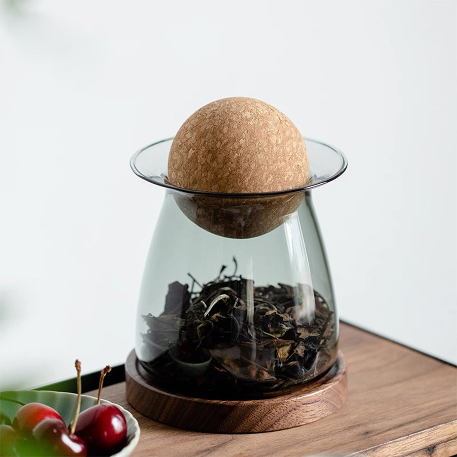 Saturn glass tea container with lid and holder - Teaware Space