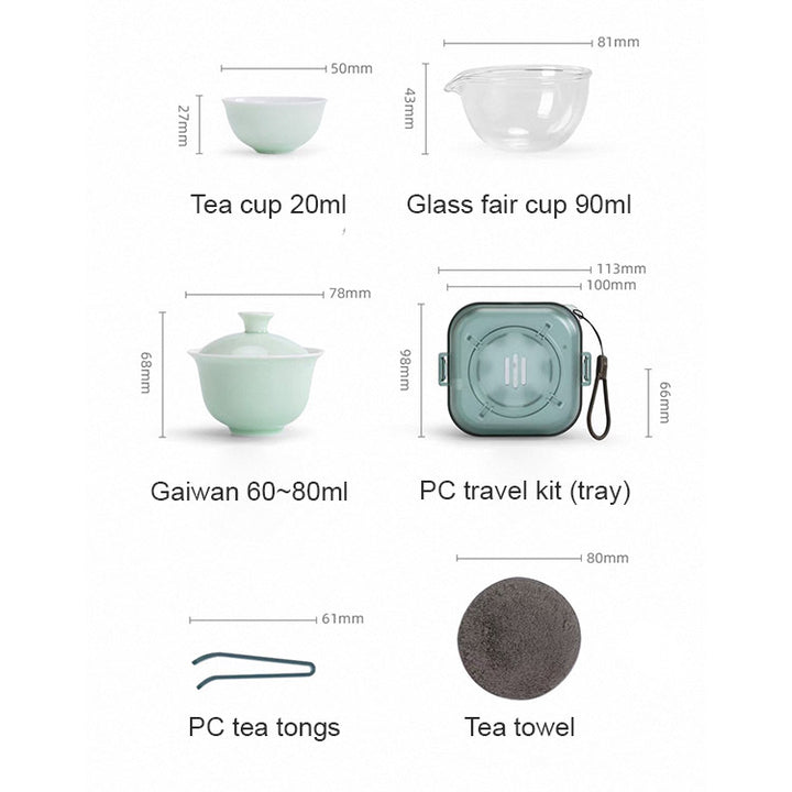 Product dimensions diagram showing a tea set travel kit with labeled measurements for a tea cup, glass fair cup, gaiwan, PC travel kit tray, tea tongs, and tea towel on a white background.