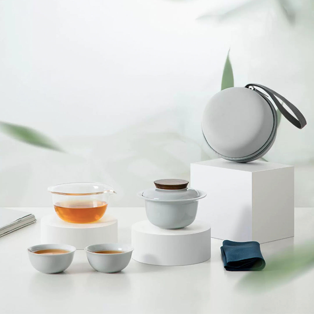 Personalized minimal travel teapot set with case | Gaiwan tea set with travel kit - Teaware Space