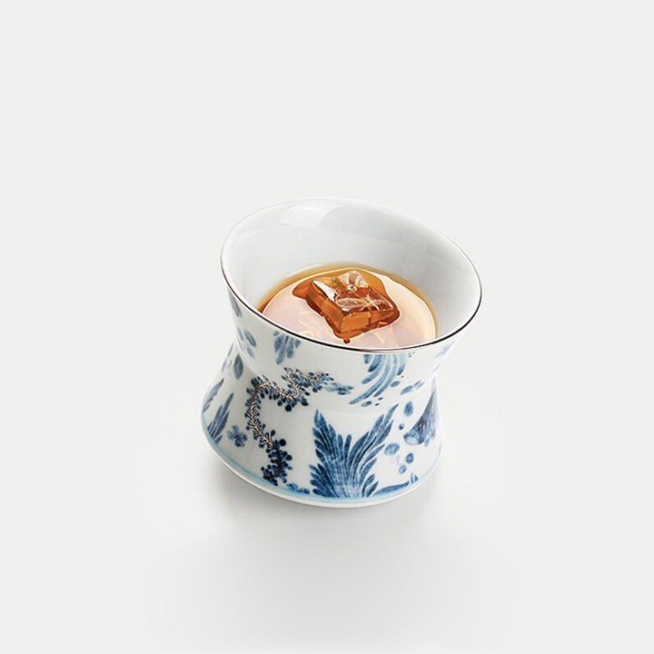 Luxury Blue and white pottery Whiskey rock mug with 925 silver outlining | Rotating/spanning Whiskey cup | Gift for him