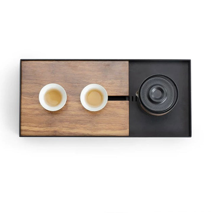 Spot and Line- Custom bamboo and stainless tea serving tray with water storage - Teaware Space