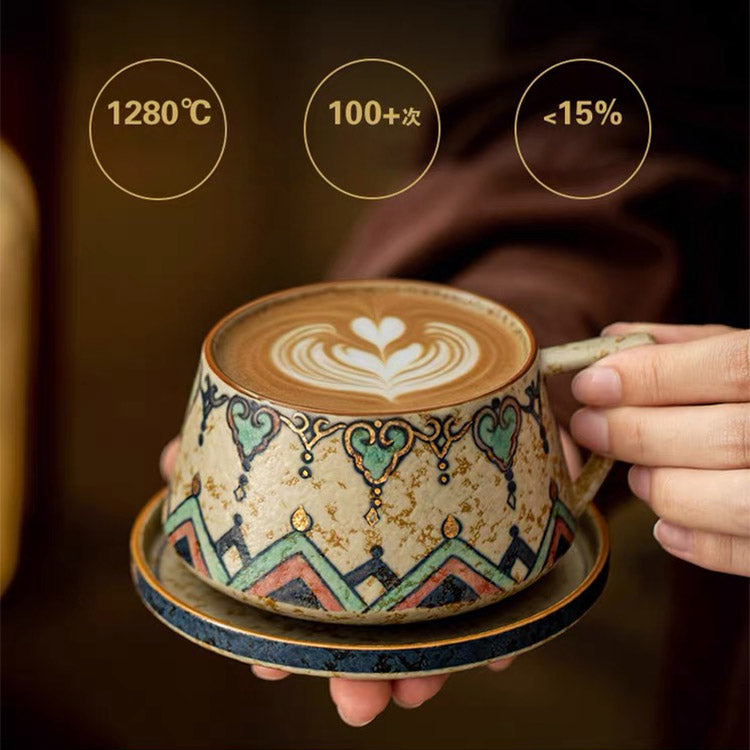Flame Dance - Hand Painted Dunhuang latte mug with saucer