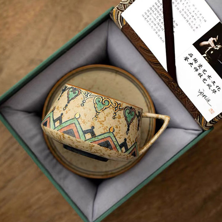 Flame Dance - Hand Painted Dunhuang latte mug with saucer