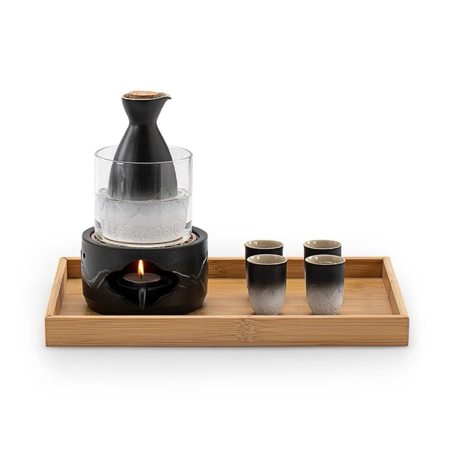 Black Japanese sake set with warmer and stove 