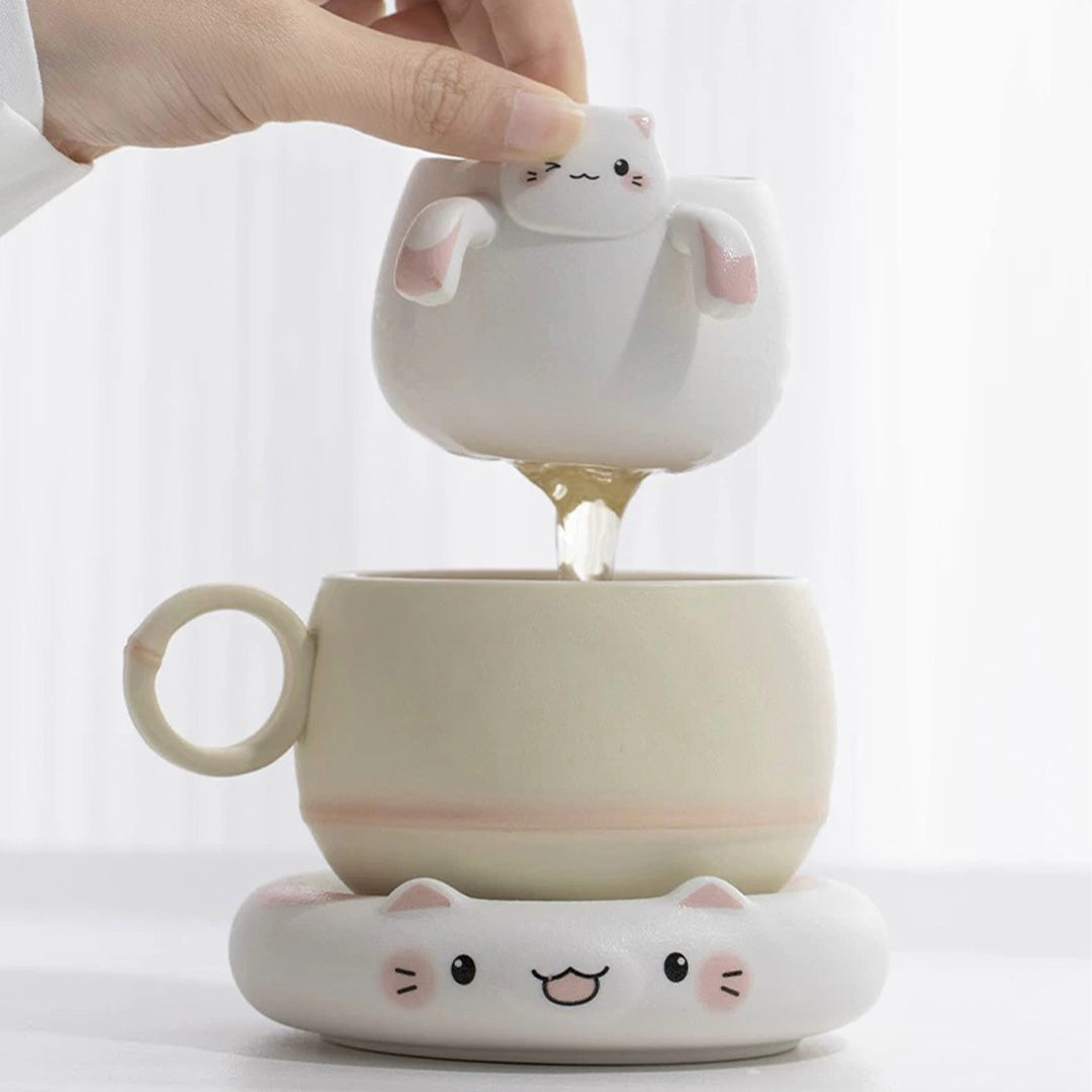 Unique cat mug with infuser and saucer | Cat lover gift