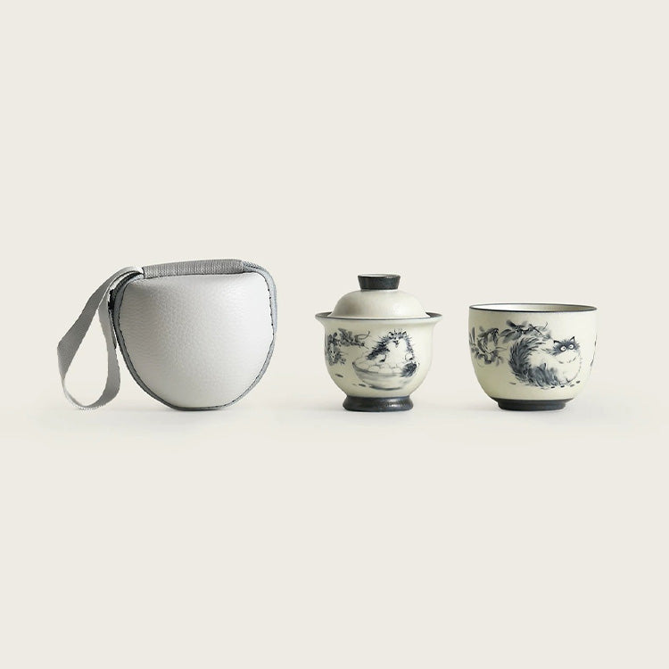 Blue and white cat - Travel gaiwan cat tea set for one - Teaware Space