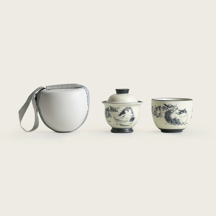Blue and white cat - Travel gaiwan cat tea set for one - Teaware Space