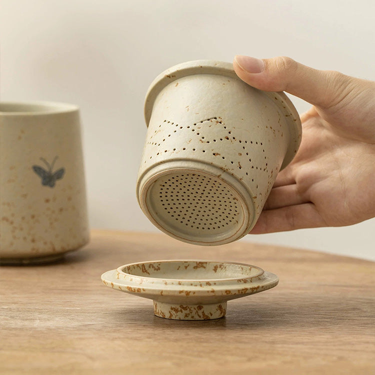 Butterfly on flowers - Hand-painted tea infuser mug - Teaware Space