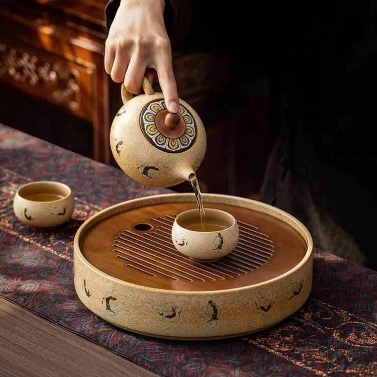 Flying Apsaras - Dunhuang handmade round tea tray with drainage