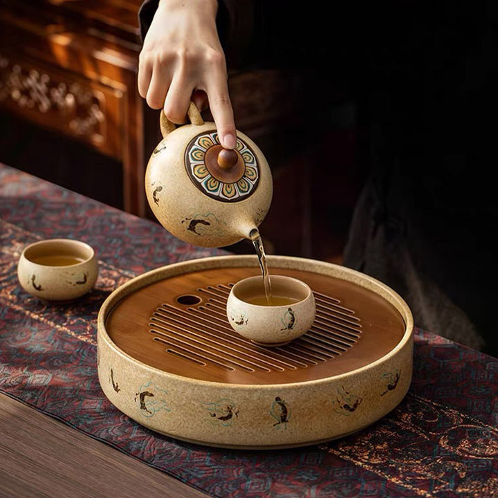 Flying Apsaras - Dunhuang handmade round tea tray with drainage
