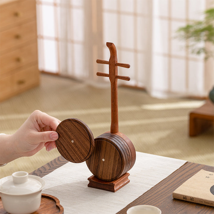 Wooden musical instrument on a table with a blurred background