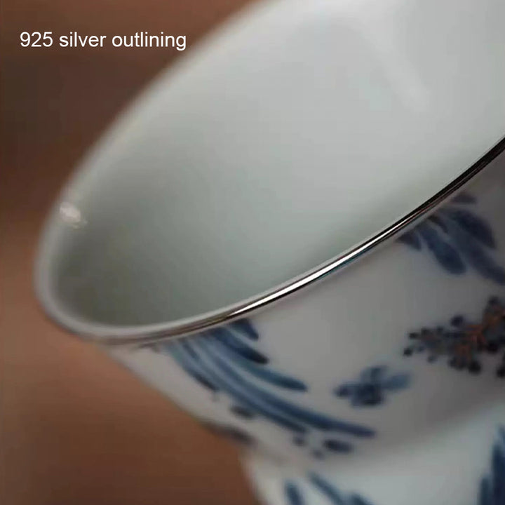 Luxury Blue and white pottery Whiskey rock mug with 925 silver outlining | Rotating/spanning Whiskey cup | Gift for him