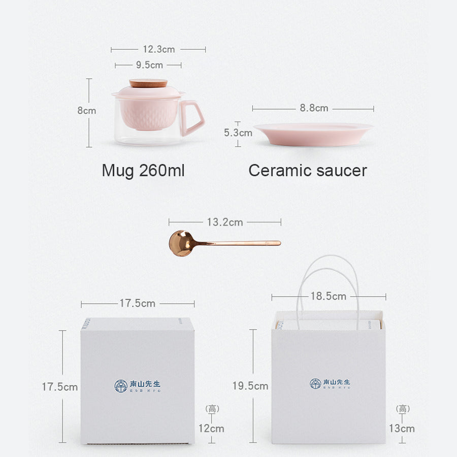 Measurement chart of a mug, ceramic saucer, spoon, and two boxes with dimensions.