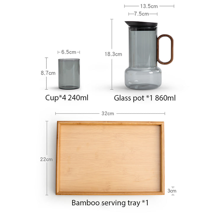 Service à thé en verre minimal avec plateau | 1 théière avec infuseur et 4 tasses | Décoration de bar à domicile | Cadeau de pendaison de crémaillère