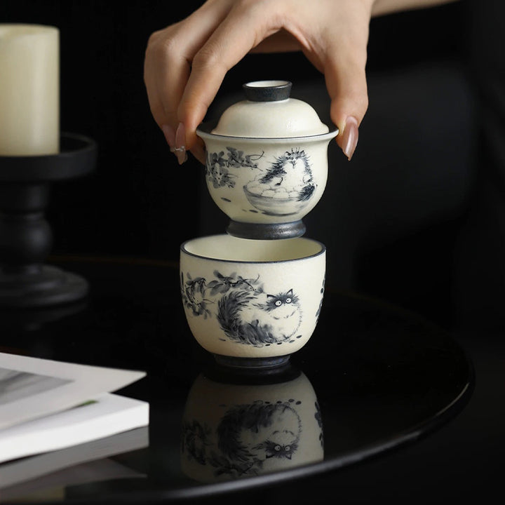 Blue and white cat - Travel gaiwan cat tea set for one - Teaware Space